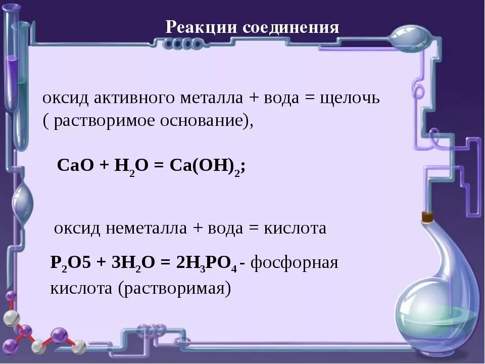 Соединение воды. Типы химических реакций на примере воды:а) реакции соединения. Оксид активного металла плюс вода. Оксид активного металла вода щелочь. Реакция соединения с водой.