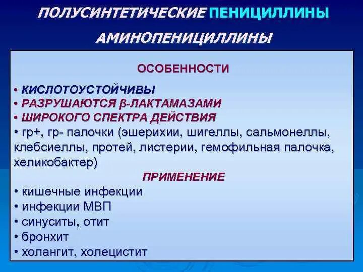 Пенициллины широкого действия. Полусинтетические пенициллины. Полусинтетические аминопенициллины. Полусинтетические пенициллины широкого спектра действия. Кислотоустойчивые пенициллины.