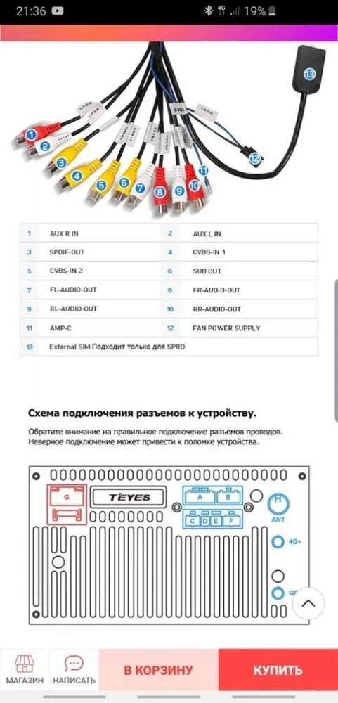 Схема распиновки разъемов Teyes SPro+ (Plus)