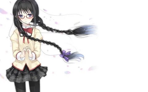 akemi homura black hair braids glasses mahou shoujo madoka magica pantyhose...