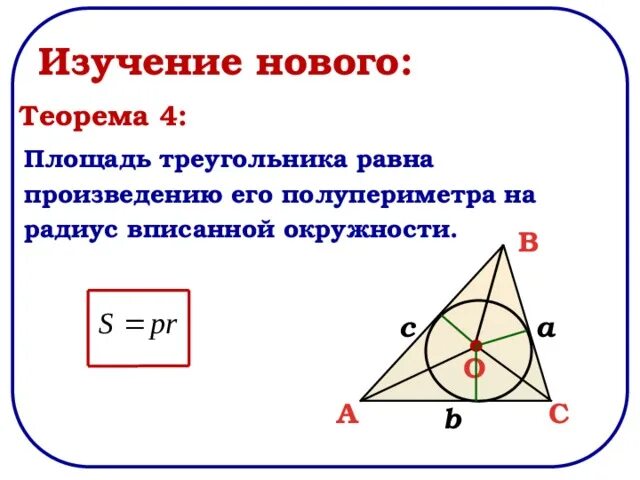 Площадь треугольника полупериметр на радиус вписанной окружности. Площадь равна полупериметр на радиус вписанной окружности. Площадь треугольника равна произведению его полупериметра на радиус. Площадь треугольника равна произведению полупериметра на радиус.