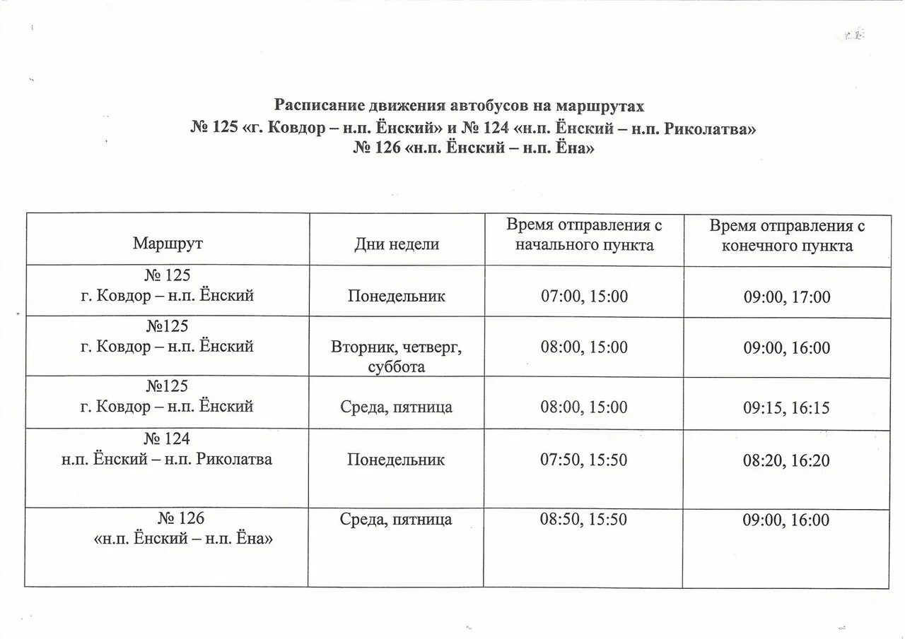 Расписание автобусов ковдора