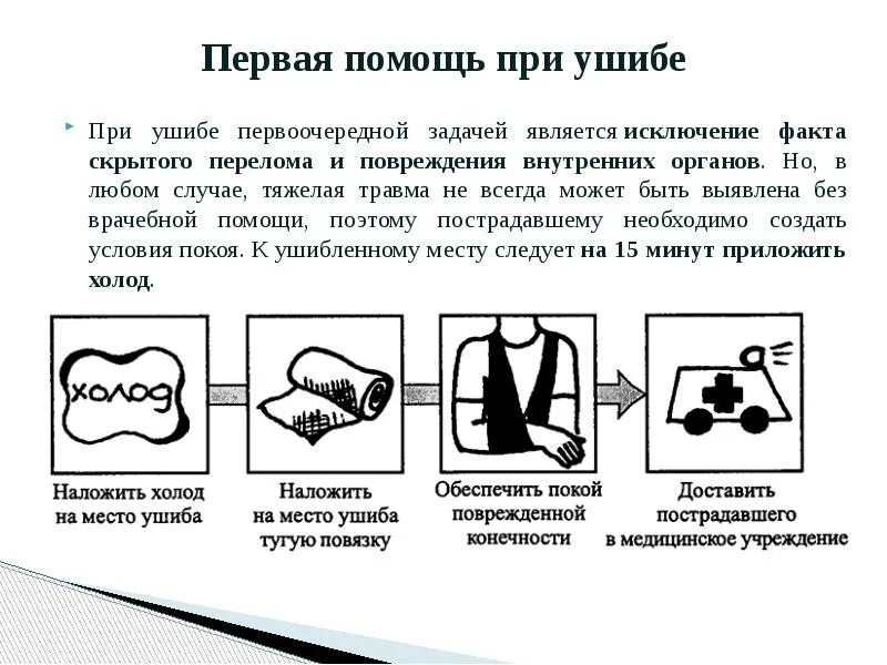 Помощь при ушибах. Основные принципы первой помощи при ушибе. пмп при ушибах и закрытых травм. алгоритм оказания первой помощи при ушибах, вывихах и переломах. оказание первой помощи при вывихе при ушибах.