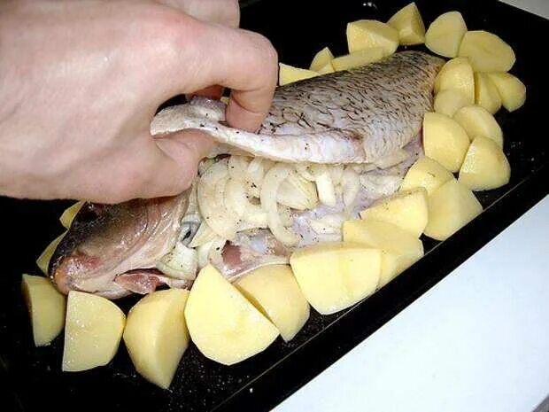 Карп запечённый в духовке с картошкой и луком. Карп в духовке с картошкой. Карп в духовке целиком с картошкой. Рыба запечённая в духовке с картошкой.