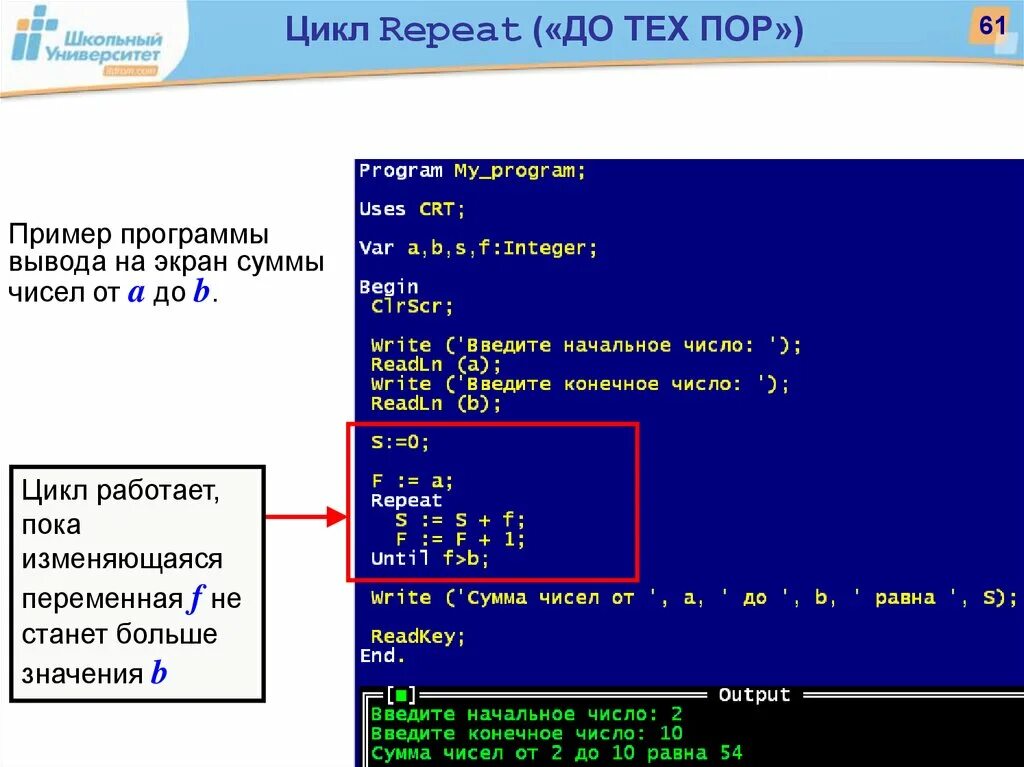 Напишите программу вывода на экран трех последовательно. Программа на Паскале с циклом repeat. Until в Паскале. Цикл until в Паскале. Программа вывода в Паскале.