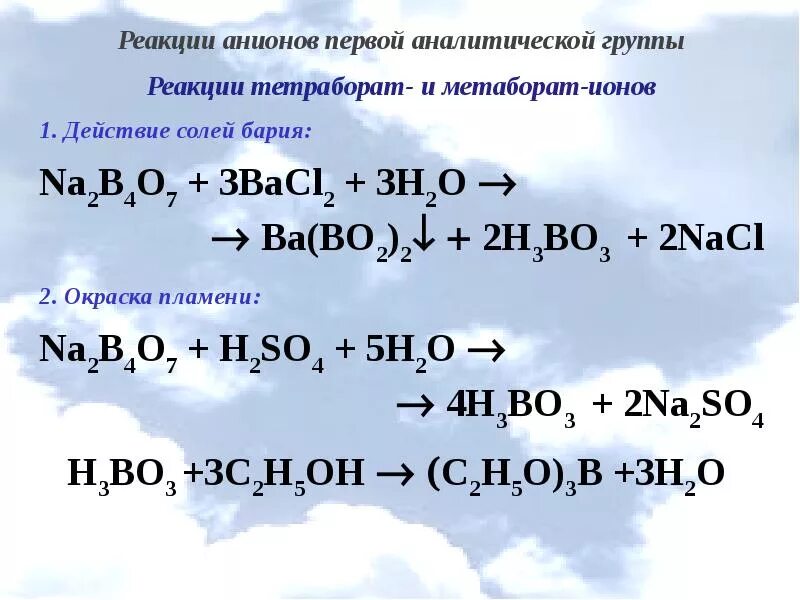 Реакции анионов 1 аналитической группы. Натрия тетраборат качественные реакции. Первая группа анионов