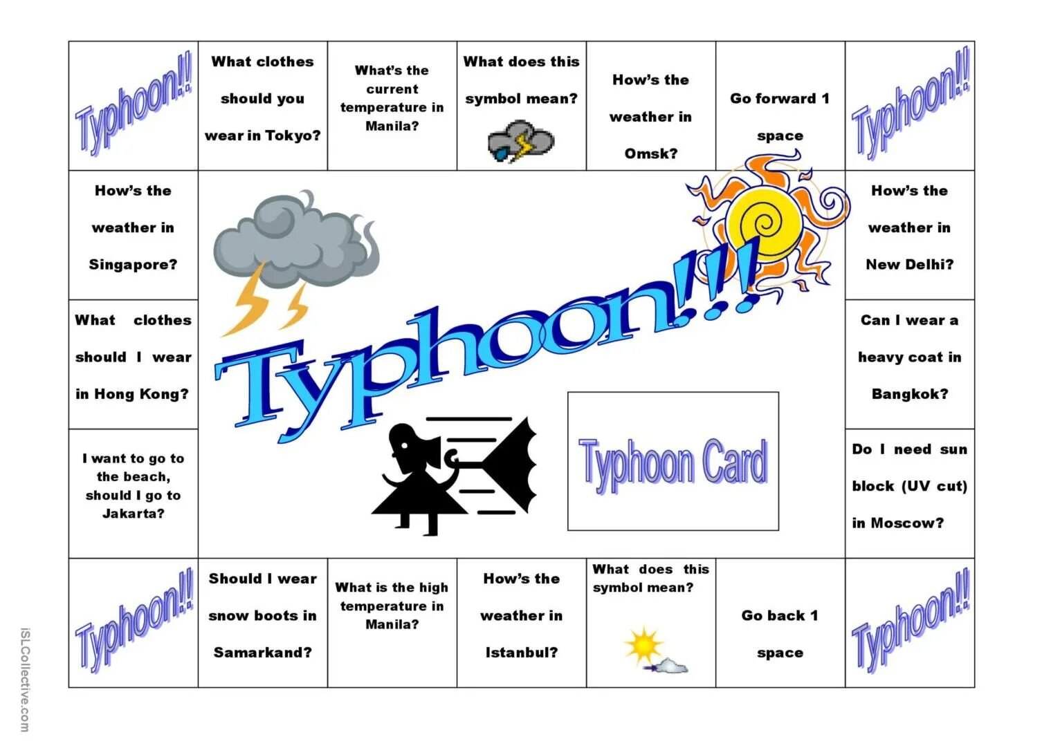 Play the weather game. Weather board game. seasons and weather board game. weather boardgame esl. weather board game for kids.
