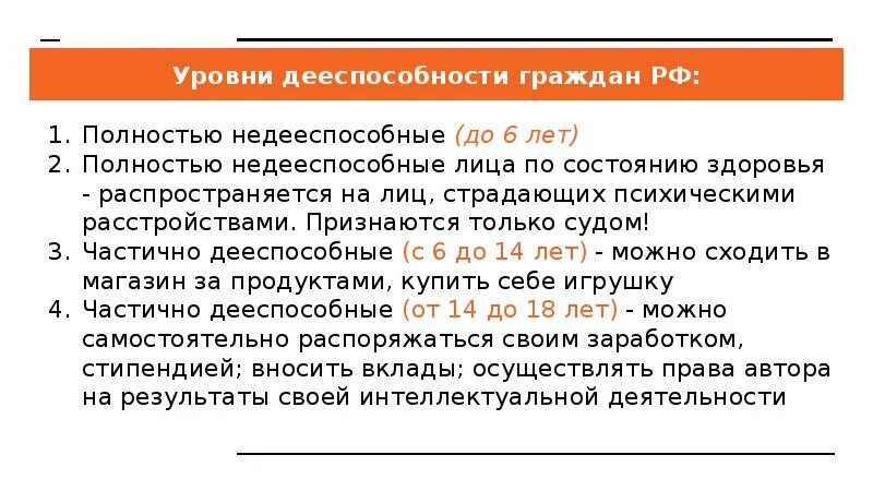 Ограниченная дееспособность в рф. Таблица уровни дееспособности по возрасту гражданина. Уровни дееспособности граждан РФ таблица. Уровни дееспособности граждан РФ С 6 до 14.