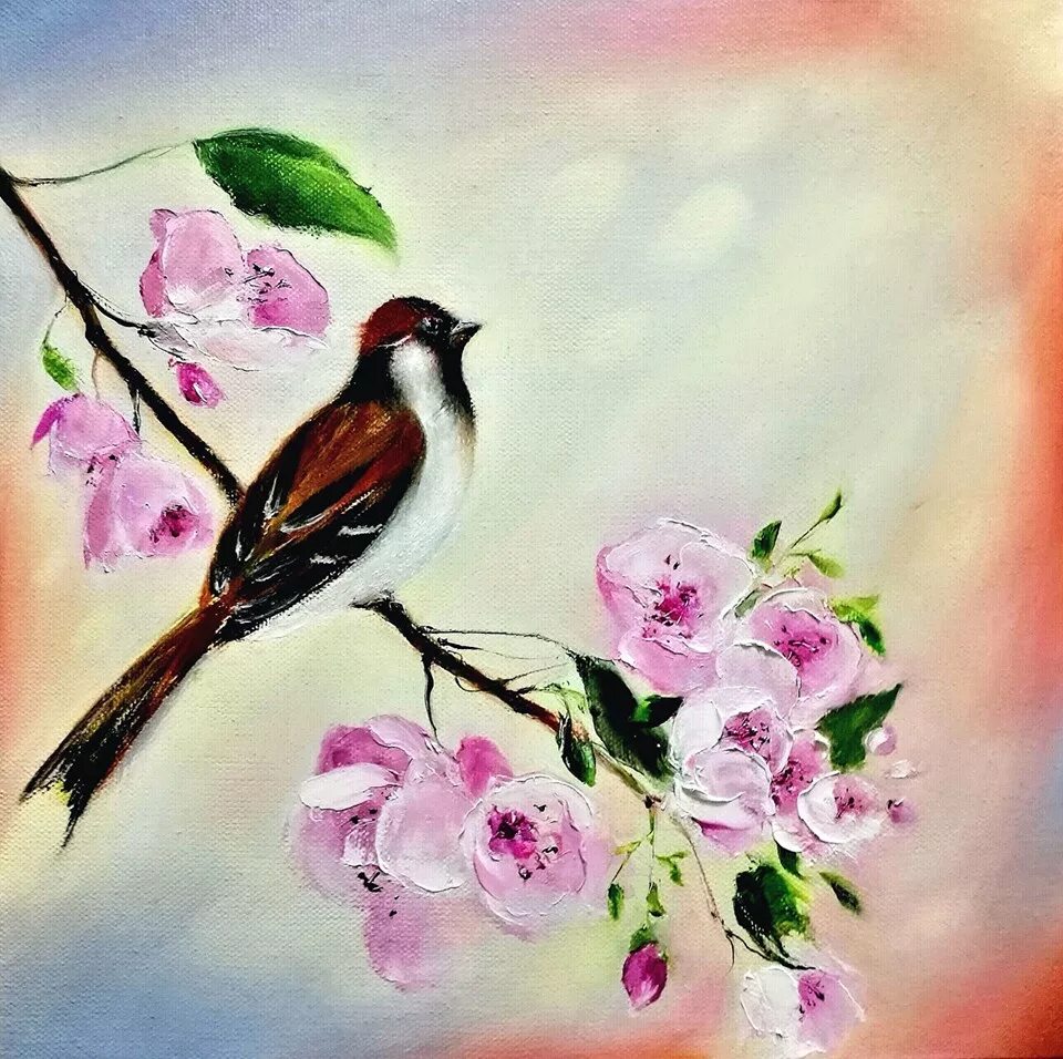 Живопись - птички на цветущей ветке. Птицы на Сакуре. Весенние птицы живопись. Добрый день птички