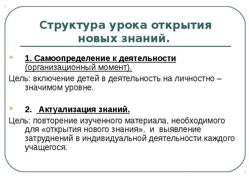 Организационный этап пример. Структура урока открытия новых знаний. Цель организационного момента на уроке. Цель этапа организационный момент. Открытие нового знания цель этапа урока.