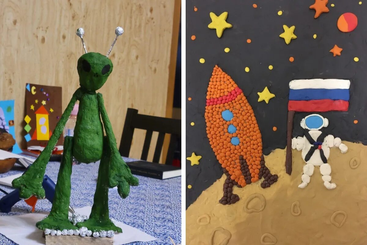 День космонавтики из воздушного пластилина. Поделка ко Дню космонавтики. Поделка ко Дню космонавтики в детский сад.