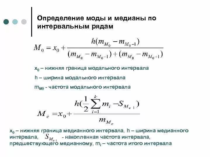 Средняя медианная модальная. Формула моды и Медианы в статистике. Формула нахождения Медианы в статистике. Медиана определяется по формуле статистика. Медиан интервал как определить.