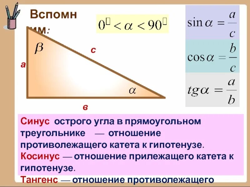 Косинус угла. Отношение прилежащий катет к гипотенузе это. Косинус отношение прилежащего катета. Гипотенуза через тангенс. Синус косинус и тангенс острого угла прямоугольного.