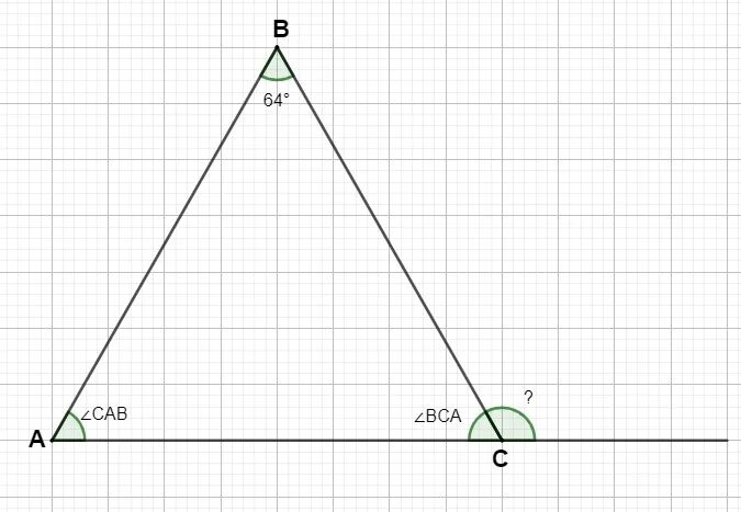Угол при вершине равнобедренного треугольника равен 64. Внешний угол при равнобедренном треугольнике. Равнобедренный треугольник угол 112 градусов. Внешний угол равнобедренного треугольника равен. Равнобедренный треугольник чертеж.
