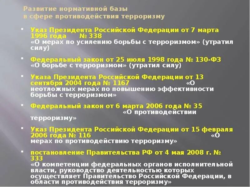 Общегосударственное противодействие терроризму обж 9. Развитие нормативной базы в сфере противодействия терроризму. Режимы усиления противодействия терроризму в вс РФ. Указ президента РФ О мерах по противодействию терроризму. Указ президента о терроризме.