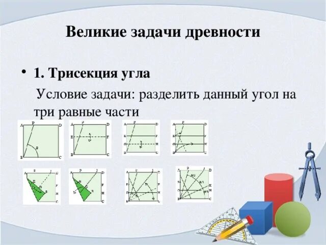 Величайшие задачи математики. Задача о трисекции угла. Задачи на деление на равные части. Великие задачи математики