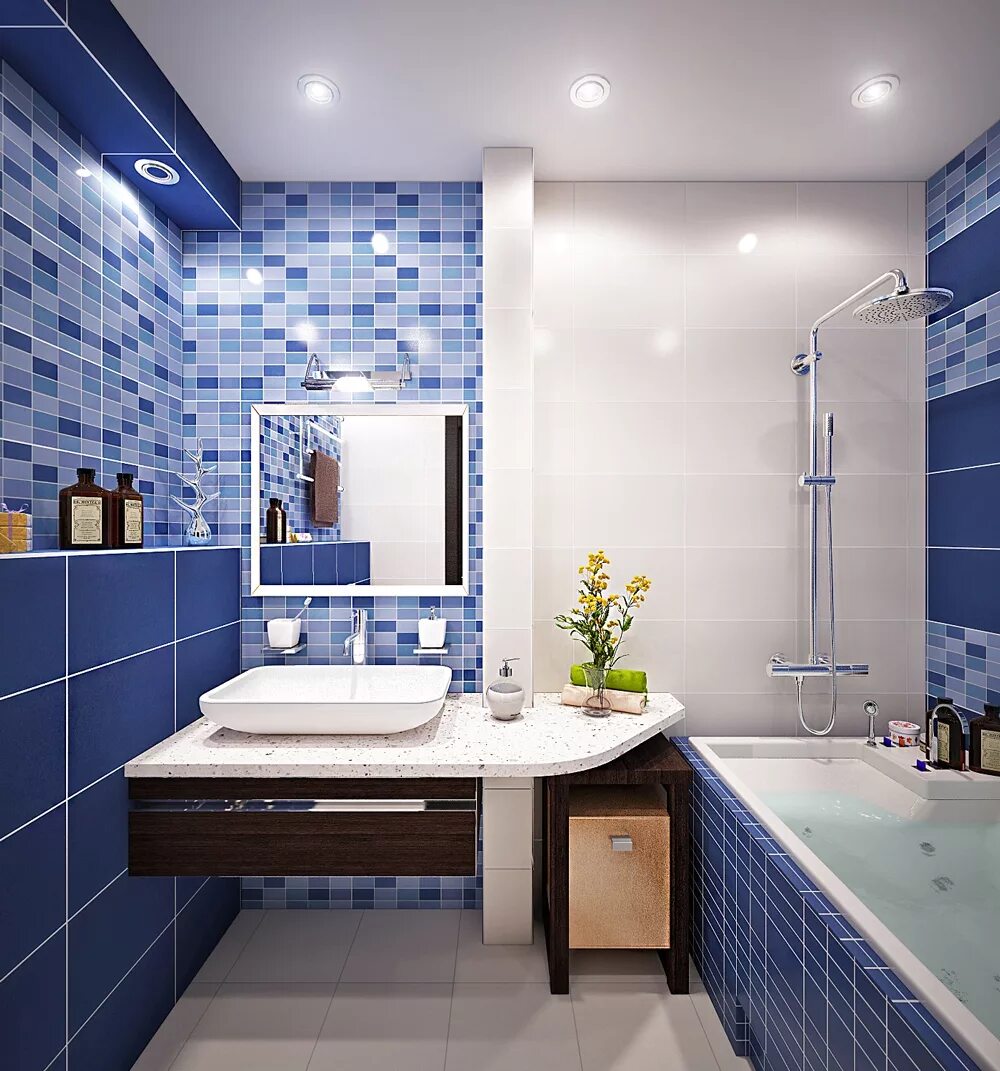 Ванная комната. Синяя ванная комната. Отделка ваннойкомноты. Синяя плитка для ванной.