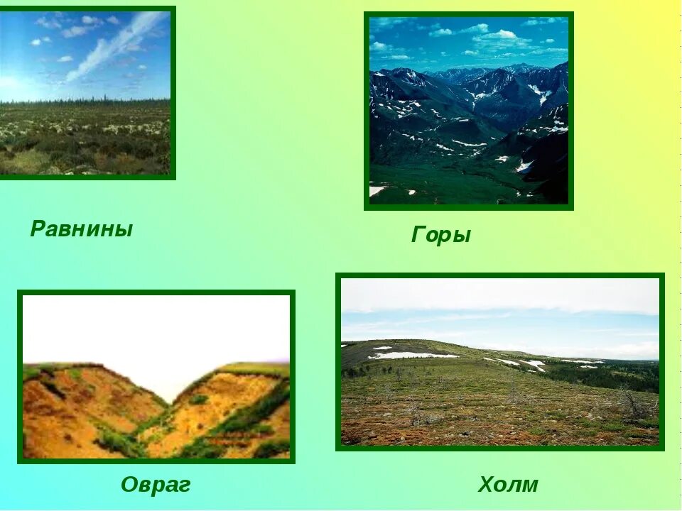 Основные формы гор и равнин. Горы холмы равнины 2 класс. Формы земной поверхности. Формы земной поверхности равнины. Горы холмы равнины овраги.