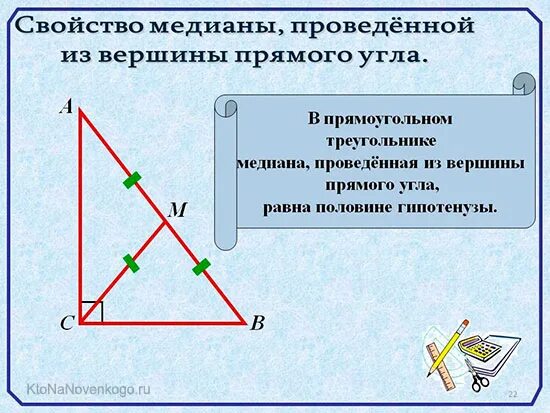 Св медианы в прямоугольном треугольнике. Медиана проведенная из вершины прямого угла равна. Свойство Медианы проведенной из прямого угла. Медиана из вершины прямого угла в треугольнике свойства. Свойство Медианы из вершины прямого угла.