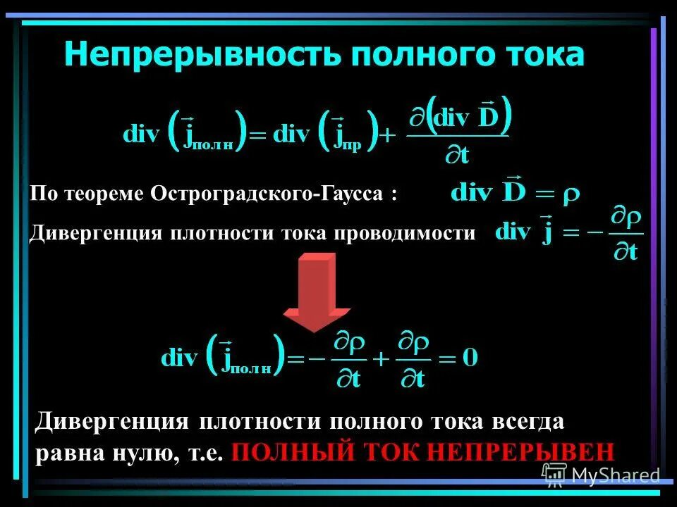 Непрерывность полного тока. Принцип непрерывности электрического тока. Уравнение непрерывности. Плотность полного тока.