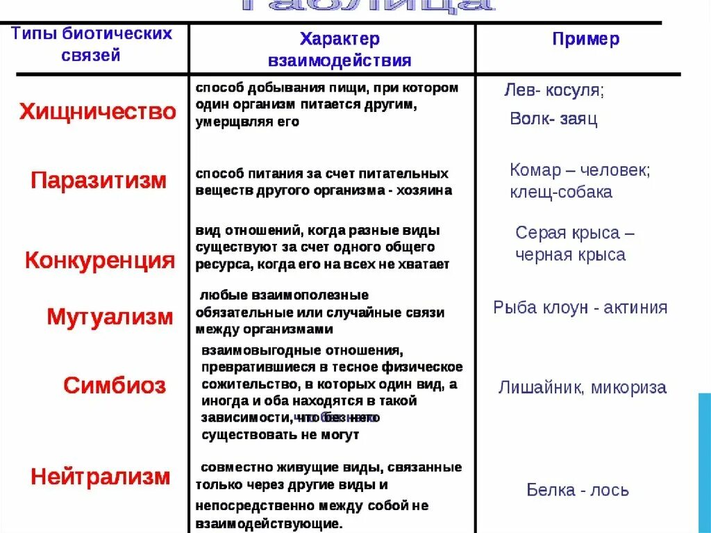 Биологические связи в природе. Типы биотических взаимоотношений таблица. Типо биотический взаимоотношений. Типы биотических взаимоотношений таблица с примерами. Характеристика биотических взаимоотношений таблица.