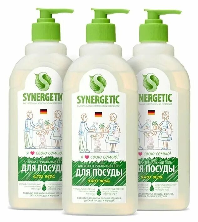 Ср-во д/посуды 500мл Synergetic "яблоко", антибактериальное, дозатор. Средство для посуды synergetic алоэ