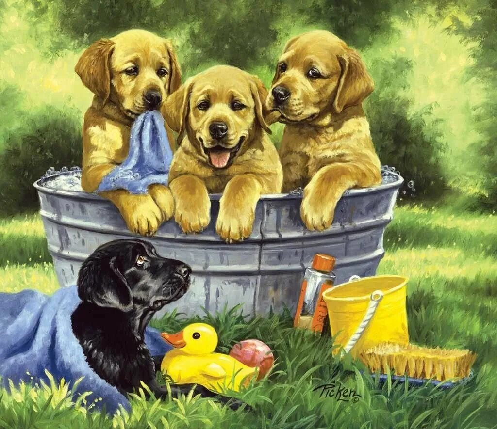 Linda Picken художник. Собака иллюстрация. Щенки и собаки. Сюжетная картина собака со щенятами.