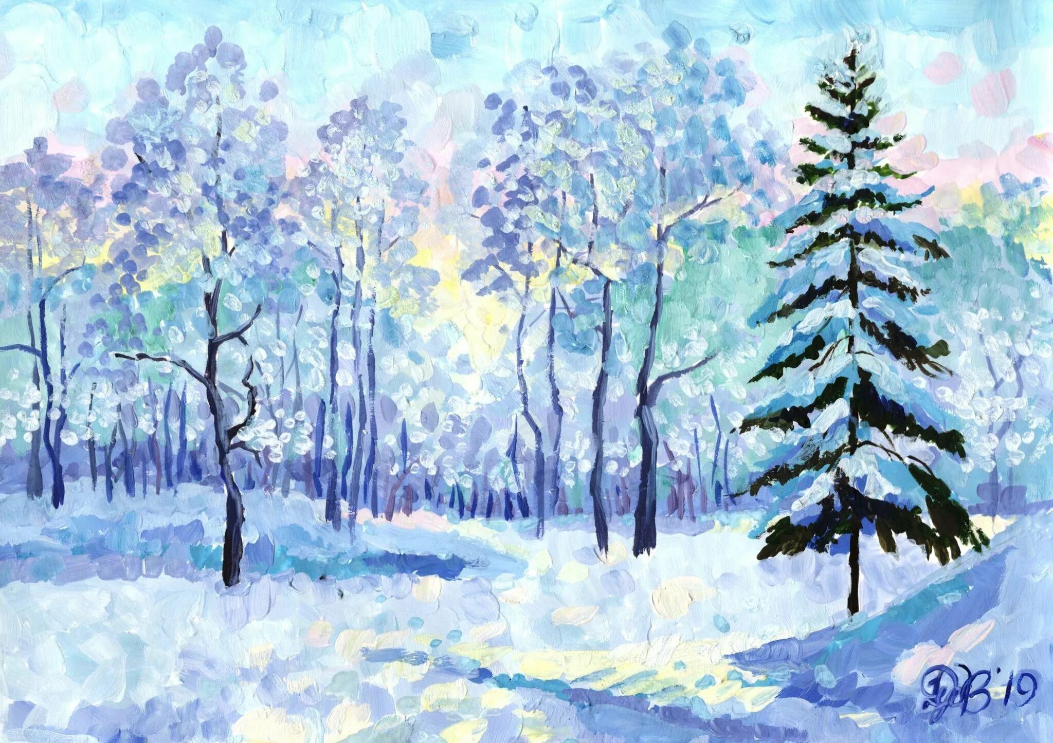 Рисуем зиму гуашью с детьми. Зимний пейзаж гуашью. пейзаж гуашью зима. зимний пейзаж в технике пуантилизм. зимний пейзаж гуашью для детей.