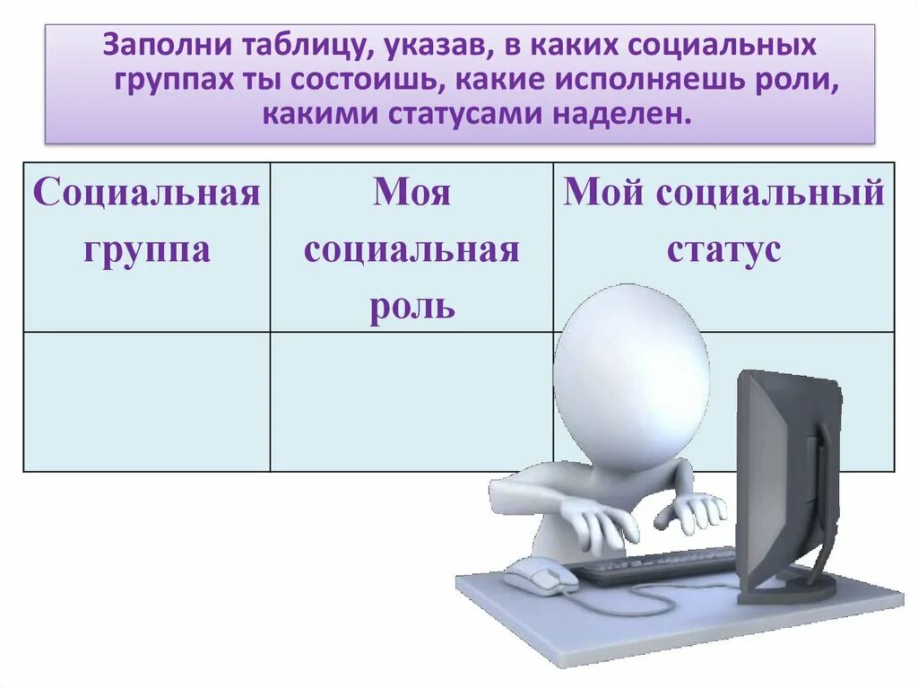 Заполни таблицу указав в каких социальных группах ты состоишь. Заполнить таблицу указав в каких социальных группах ты состоишь. Таблица Мои социальные роли. Социальная группа моя социальная роль мой социальный статус 6 класс. Обществознание 6 класс человек в группе презентация