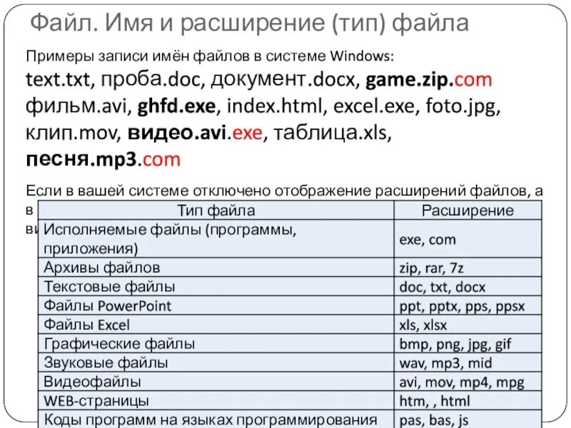 Три файл. Имя файла doc. Расширение имени файла: .xls. Имя файла Тип файла. Расширение имени файла docx Тип файла.