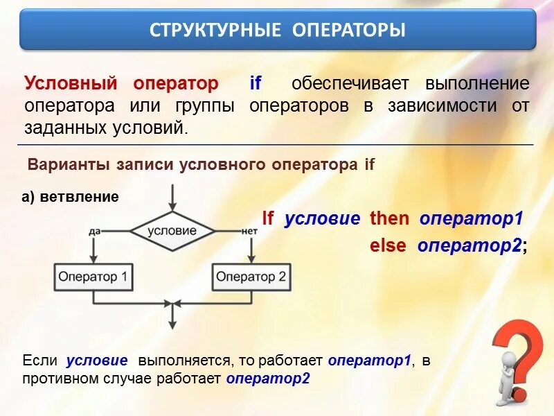 Операторы в информатике 8 класс. Условные операторы в программировании. Варианты записи условного оператора. Структурные операторы. Понятие оператора в программировании.