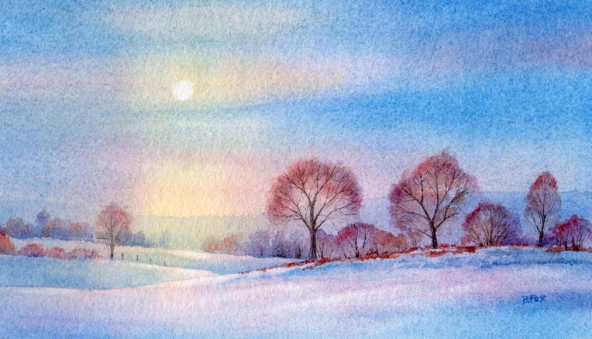 Холодный пейзаж акварелью. Пейзаж рисунок. Зимний пейзаж гуашью. Зимнее небо акварелью. Сказочные сугробы.
