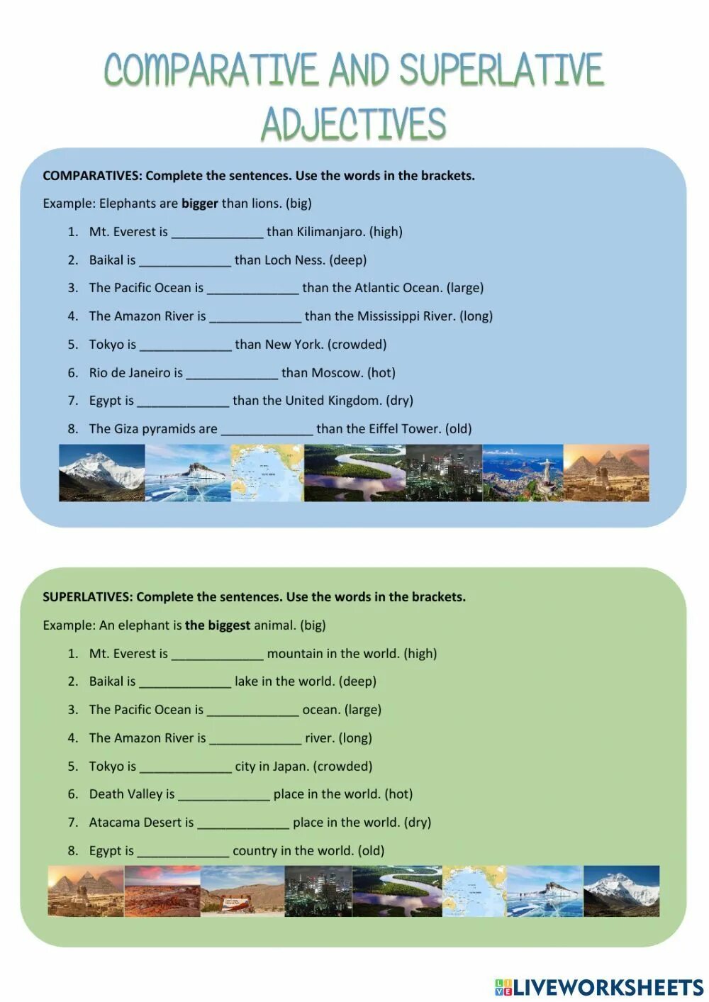 Comparative and Superlative adjectives exercises. Comparative and Superlative adjectives Worksheets. Comparative and Superlative sentences. Comparative and Superlative adjectives Comparatives: complete the sentences. Use the Words in t.