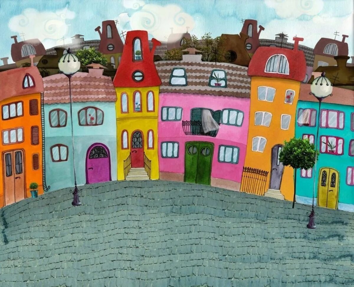 Где веселый город. Разноцветные домики. Мультяшный городок. Цветные домики живопись. Веселый город.