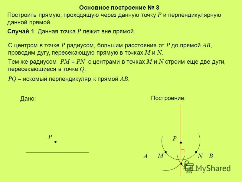 Общий построение. Построение прямой перпендикулярной данной и проходящей через точку. Построение прямоймртходящей через точку. Построение прямой перпендикулярной данной. Построение прямой перпендикулярной данной и проходящей.