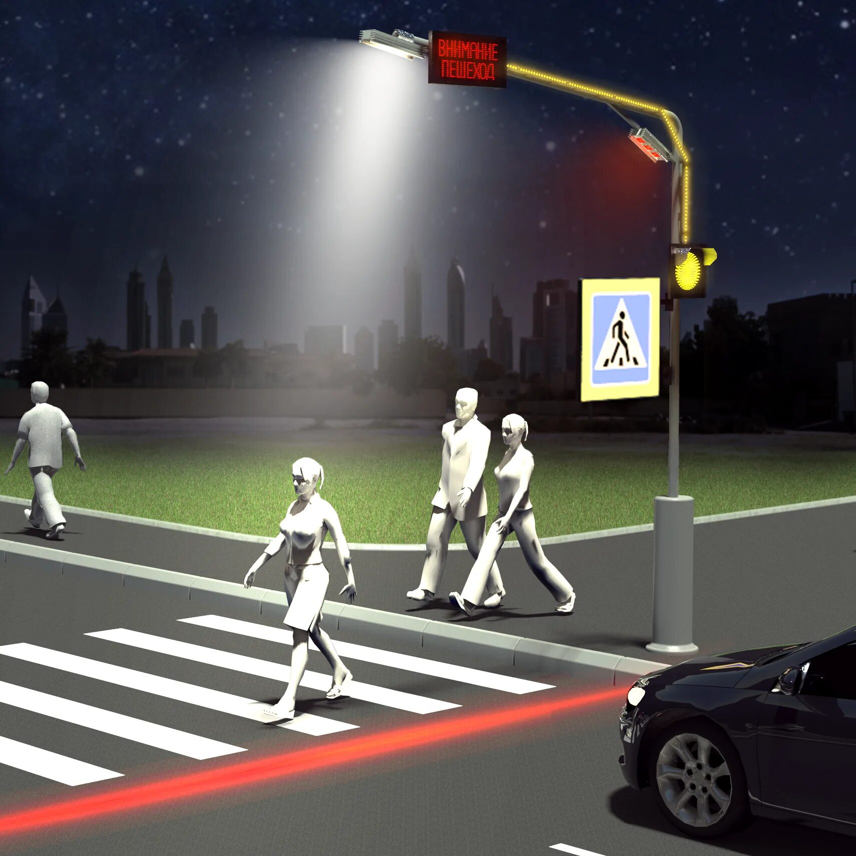 Система защиты пешехода. Светильники для пешеходных переходов. Подсветка пешеходного перехода. Светодиодная дорожная разметка. Разметка для пешеходов.
