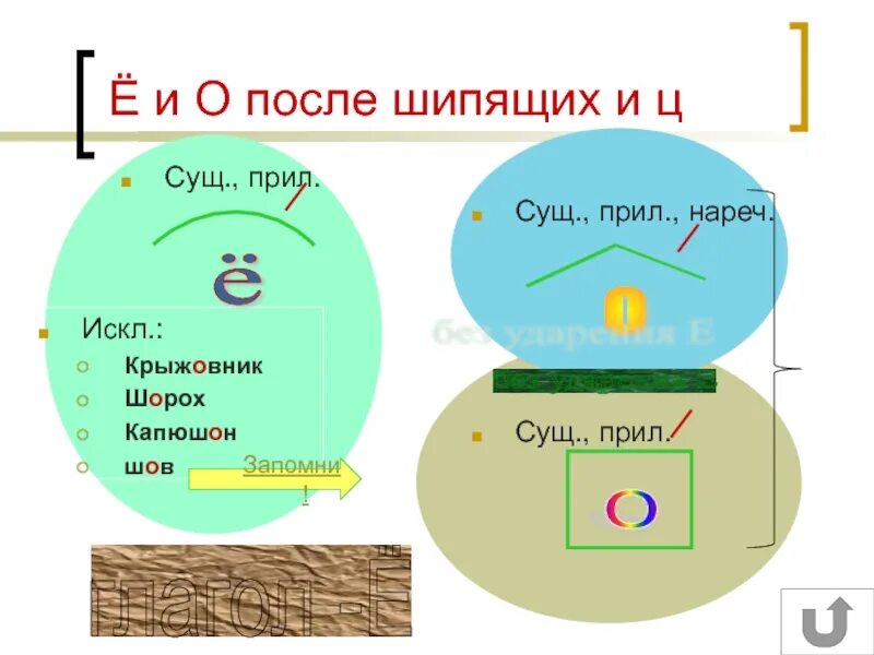 Сущ сущ шорох. О-ё после шипящих и ц в нареч. о ё после шипящих в сущ и прил. существительное плюс прилагательное с о и е после шипящих. кластер после шипящих.
