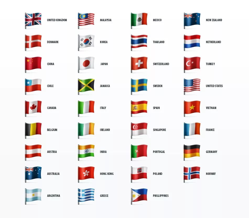 Государственные флаги всех стран с названиями на русском языке.