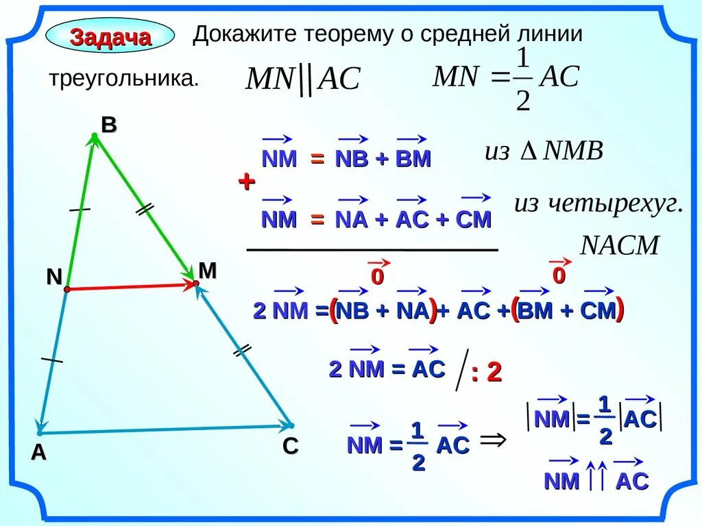 Докажите что векторы c. Доказательство теоремы о средней линии треугольника 8 класс. Решение задач через теорему о средней линии треугольника. Доказательство средней линии треугольника 8 класс Атанасян. Теорема о средней линии треугольника доказательство.