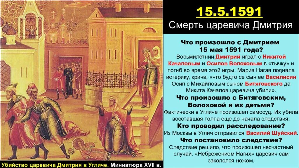 Версия гибели царевича дмитрия в угличе. 1591 Г смерть царевича Дмитрия. Смерть царевича Дмитрия сына Ивана Грозного. Смерть царевича Дмитрия в Угличе кратко.