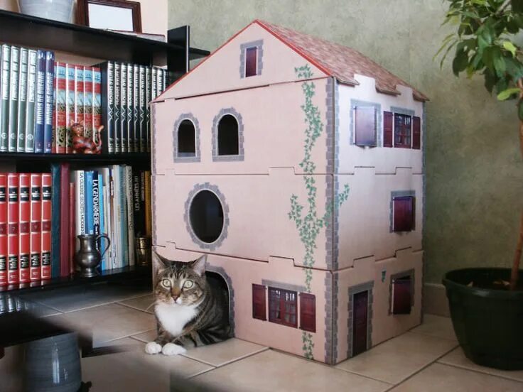 Is there a cat in the house. Cat house. cardboard cat house. cat house very big. maison an papier pour chat.