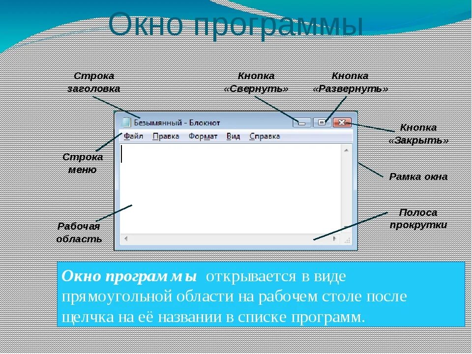 Элементами называют объекты. Элементы окна приложения блокнот. Окно приложения. Элементы окна Информатика. Окно программы.