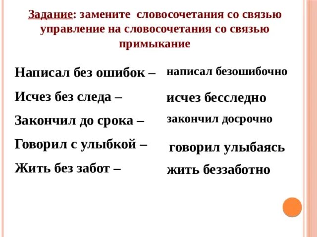 Насмешливо глядеть заменить на управление. Словосочетание примыкание. Жить без забот в примыкание управление. Связь управление в словосочетании. Замените словосочетание жить без забот.