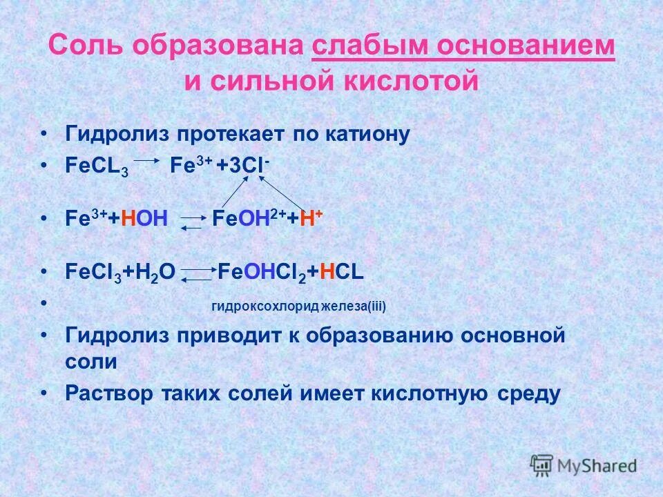 И основание используемое в качестве. Гидролиз соли fecl3. Гидролиз соли слабого основания и сильной кислоты. Соли образованные сильным основанием и слабой кислотой. Соли образованные слабым основанием и слабой кислотой.