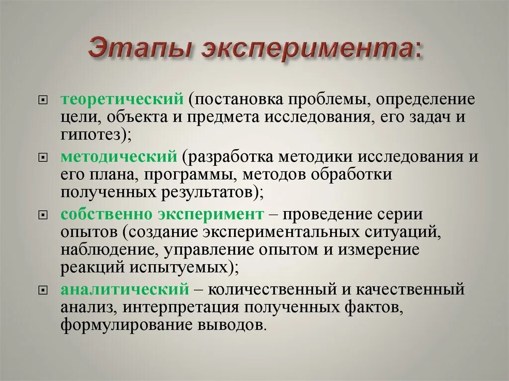 Основы теории экспериментов. Этапы эксперимента. Этапы проведения эксперимента. Этапы организации эксперимента. Этапы реализации эксперимента.