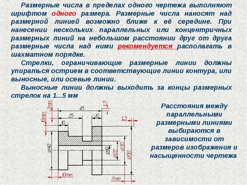 Нанесение размерных чисел. Пересечение размерных линий на чертеже. пересечение размерных и выносных линий. размеры размерных линий. ескд проставление размеров.