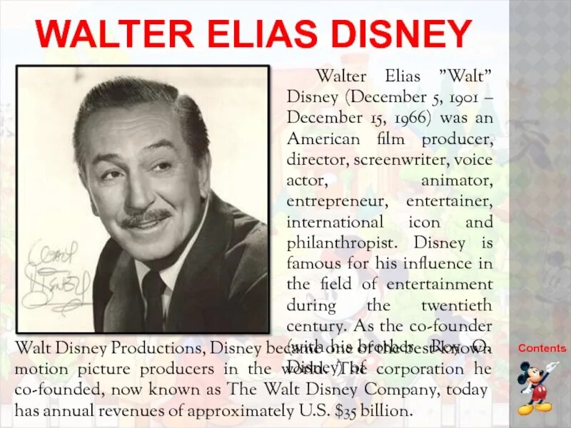 Биография диснея на английском. Уолтер Дисней. Walter Elias Disney. Уолт Дисней доклад. Уолт Дисней на английском.