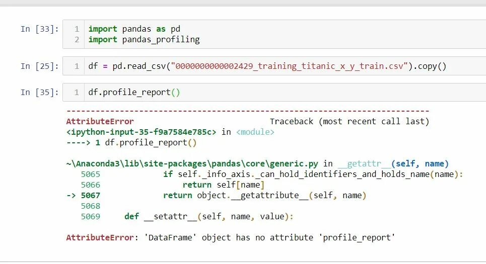 Pandas profiling. Import Pandas. 'Dataframe' object has no attribute 'get_Dummies'. Pandas DF_all_Cities_and_Regions.Drop_duplicates( inplace= true , keep = 'first'). Object has no attribute name