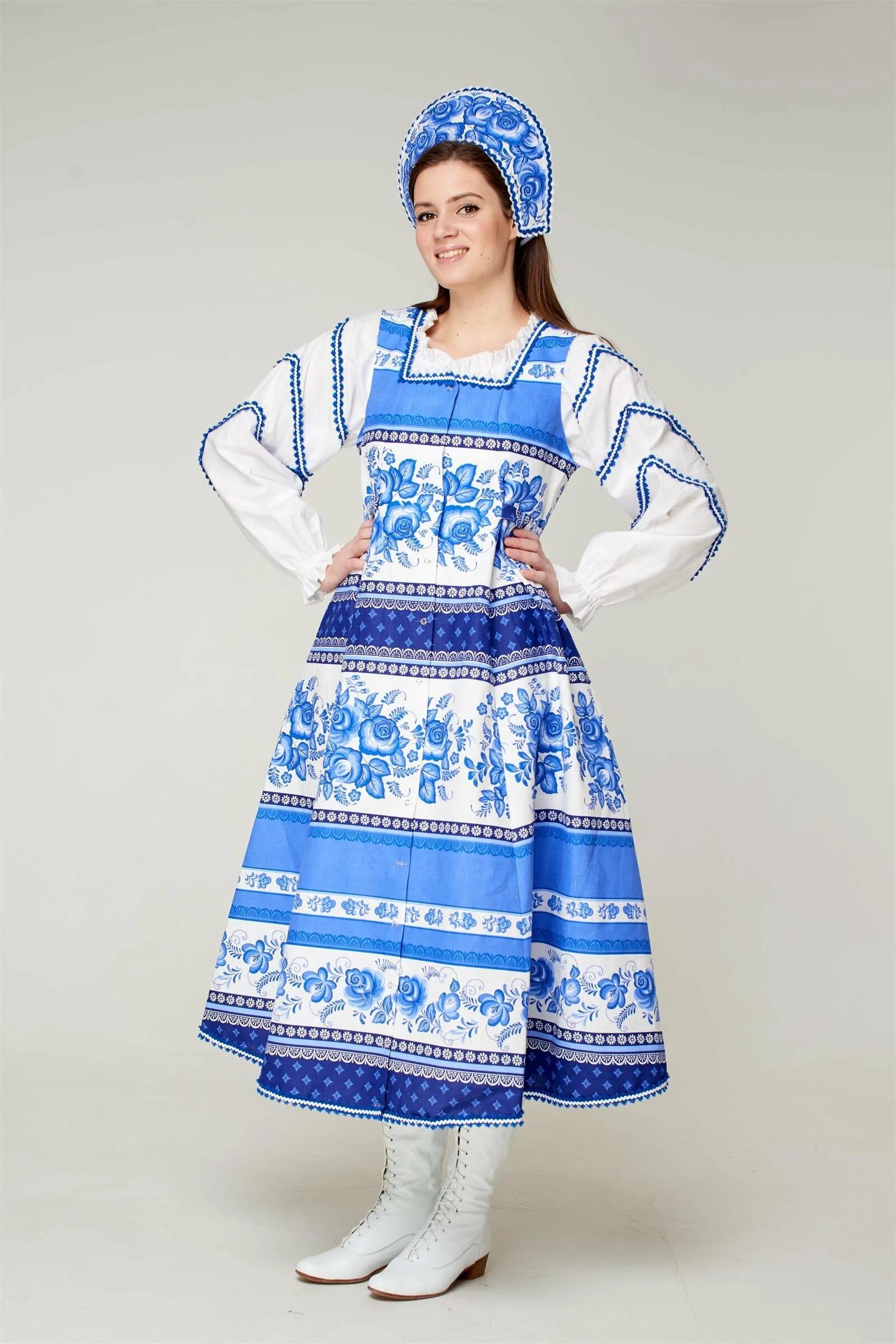 Сарафан Гжель валберис. Сарафан в народном стиле. Русский костюм женский. Фольклорный костюм женский.