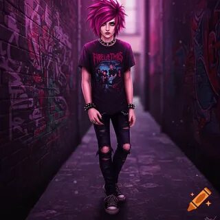 An emo boy with pink hair wearing a band t-shirt and ripped jeans stands in...
